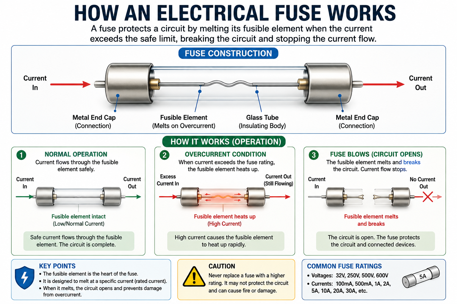 Diagram showing how an electrical fuse works with current flow and fusible element