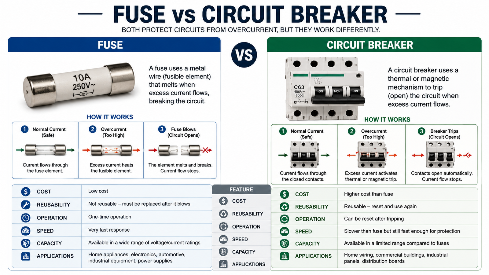 Side by side comparison of electrical fuse and circuit breaker