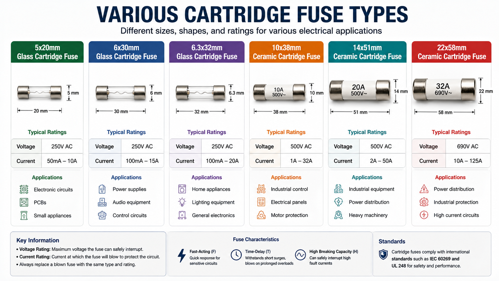 Various cartridge fuse types showing different sizes and ratings