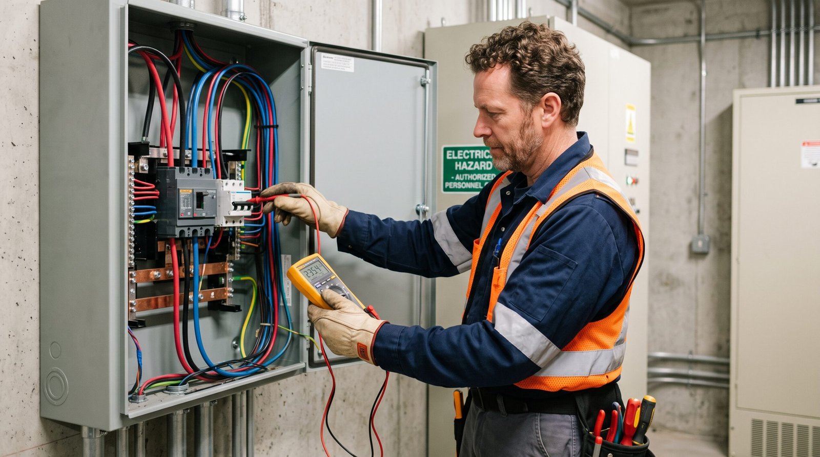 Electrician performing electrical safety inspection with testing equipment