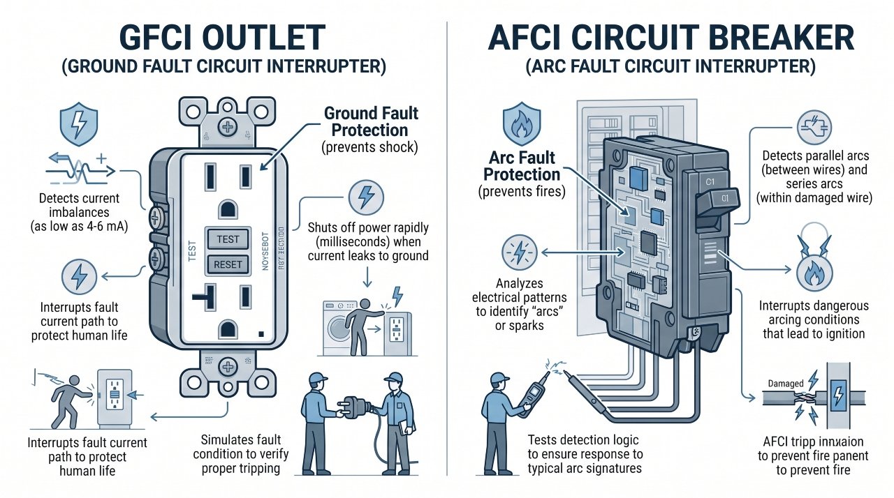 Illustration comparing GFCI and AFCI breaker protection tested during an electrical safety inspection.