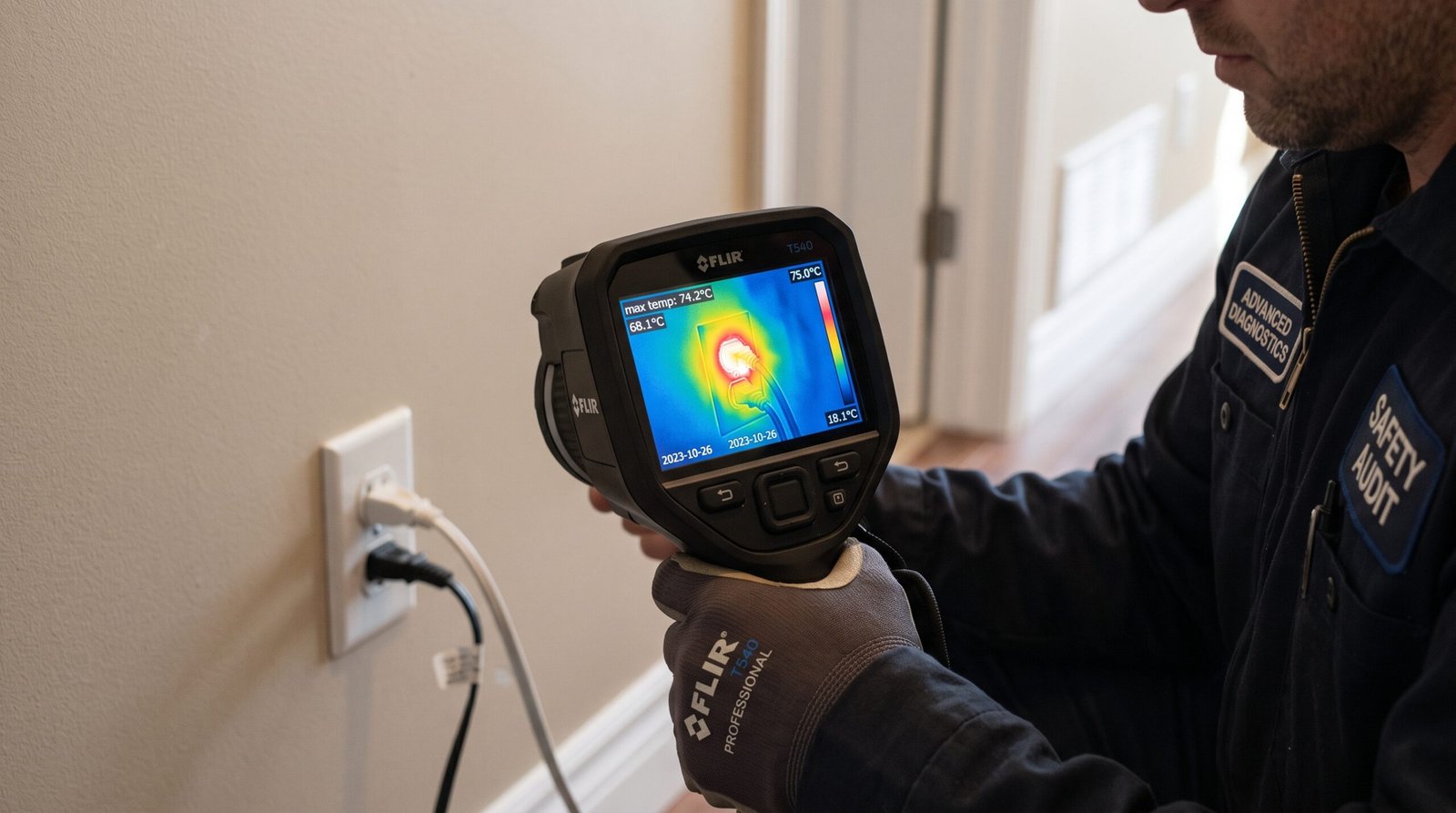 Infrared thermal camera showing electrical hot spots behind wall outlets during a safety audit